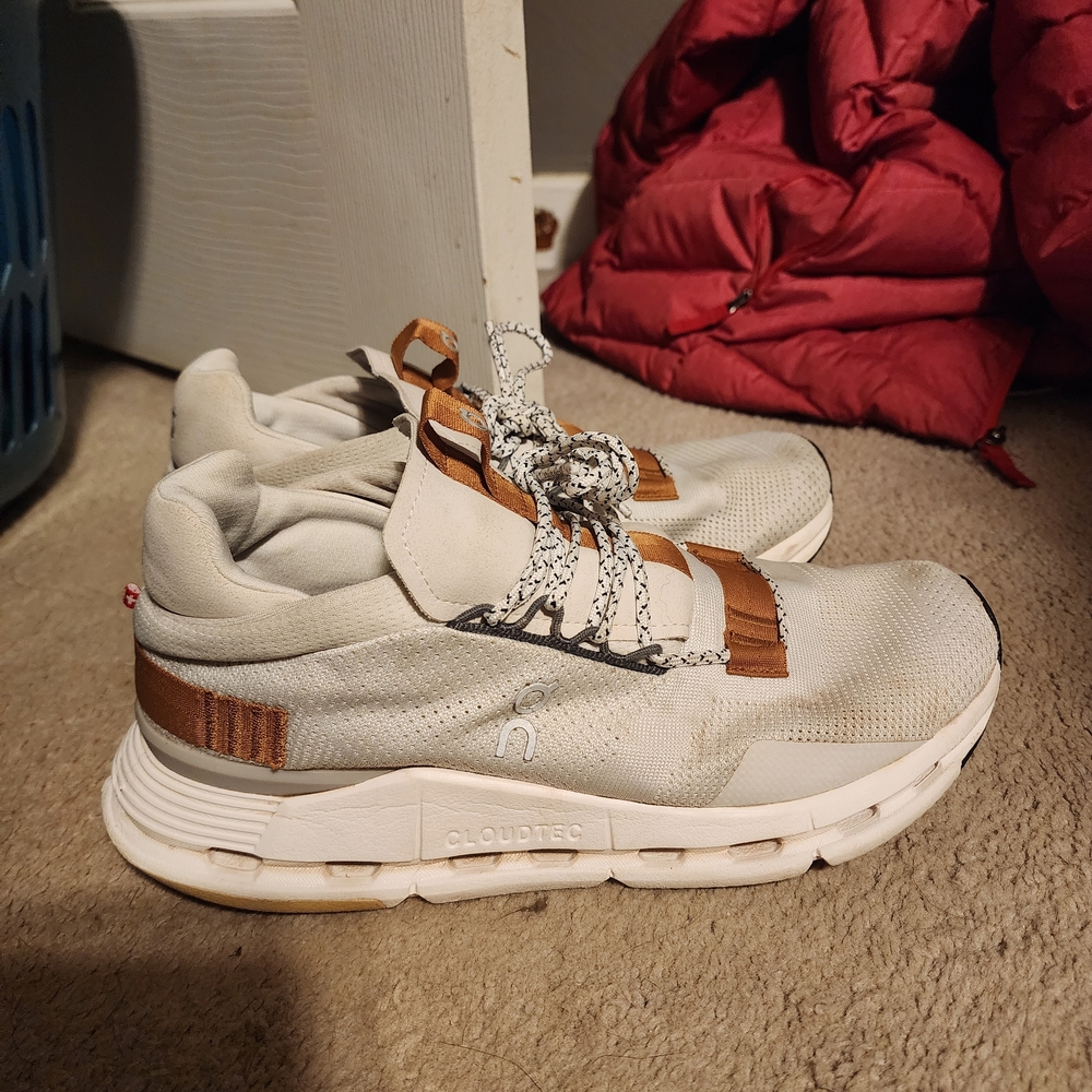On Running Cream and Brown Sneakers